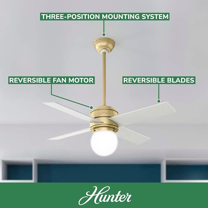 Hunter Hepburn, Indoor, Ceiling Fan, with LED Light, 44 inch, Modern Brass