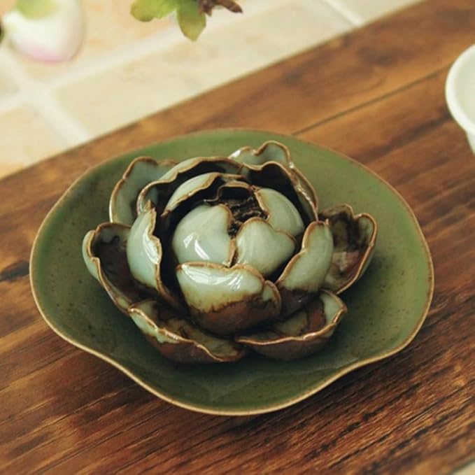 Collectible Handmade Chinese Ceramics, Medium Peony Ceramic Incense Stick Holder, Handicraft Flower Lotus Incense Burner Bowl Ash Catcher Inscent Tray for Home Decor and Gift, 2.55 Inch, Green