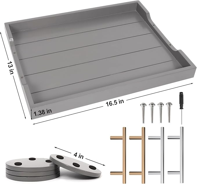 SXNOWS Wooden Serving Tray with 2 Sets of Handles,Gray | 16.5x13 Inch Large Ottoman Tray for Living Room Coffee Table Breakfast in Bed BBQ Party, 4 Round Coasters Included