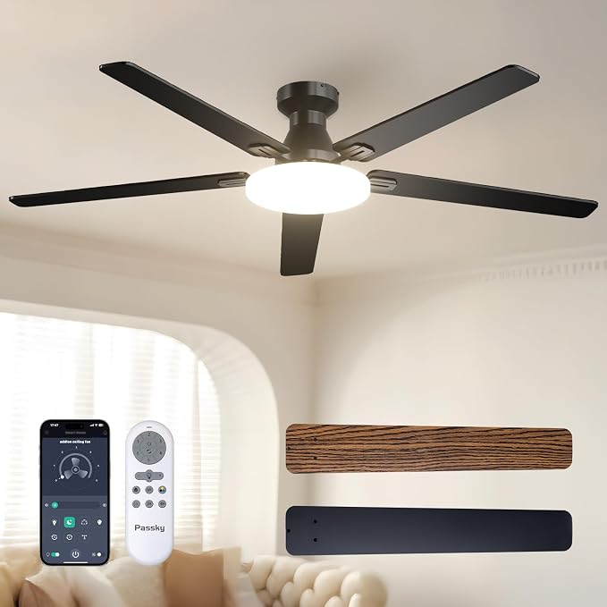 Passky Ceiling Fans with Lights, 60 inch Flush Mount Ceiling fan with Remote Control, Low Profile Ceiling Fan for Bedroom, Farmhouse, Reversible, 3CCT, Dimmable, Noiseless DC Motor, Black