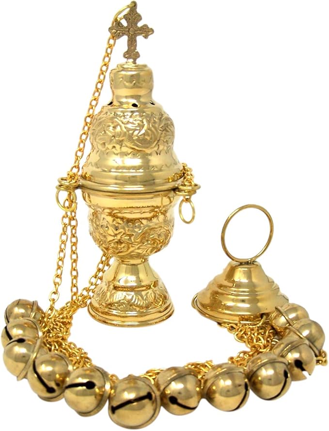 Needzo High Polished Brass Hanging Incense Burner Censer with Bells, 8 Inch