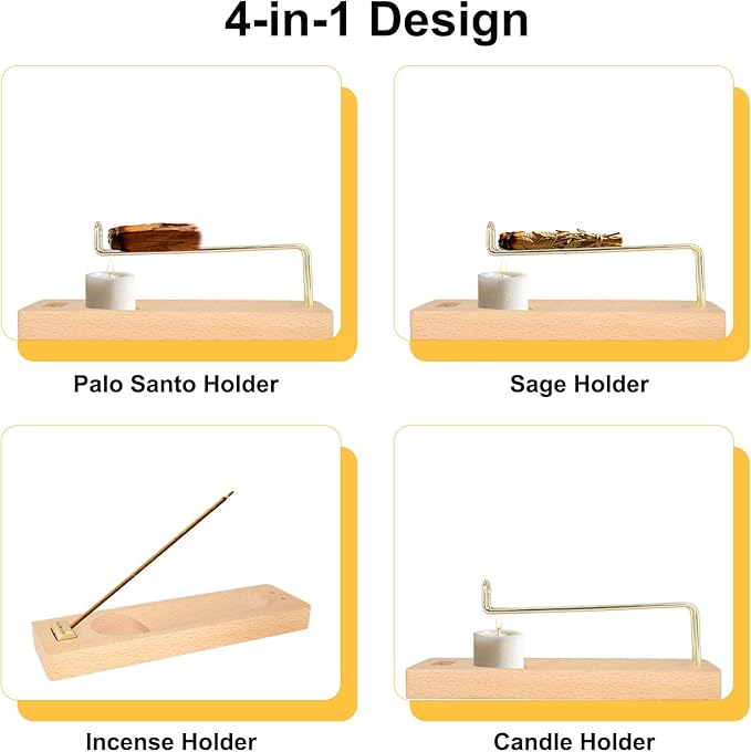 4 in 1 Palo Santo Sage Burner Holder, Wood Incense Sticks & Candle Holder for Burning for Yoga Smudging Lasting Burn Ash Catcher Home Decor & Gift Easy Installation