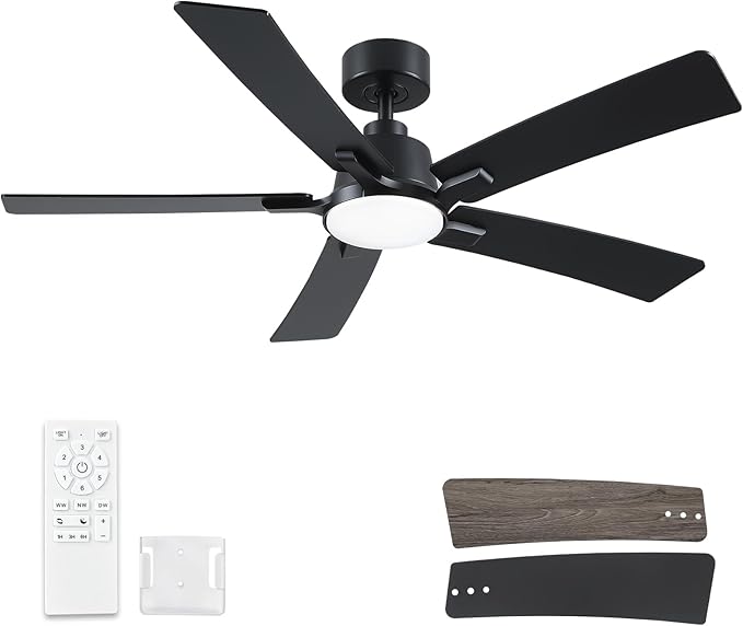 52 Inch Balck Downrod Ceiling Fans with Lights and Remote | 3CCT Dimmable LED, 6 Speed, Quiet DC Motor, 3-Level Timer Function, Forward/Reserve For all Seasons, Indoor/Covered Outdoor