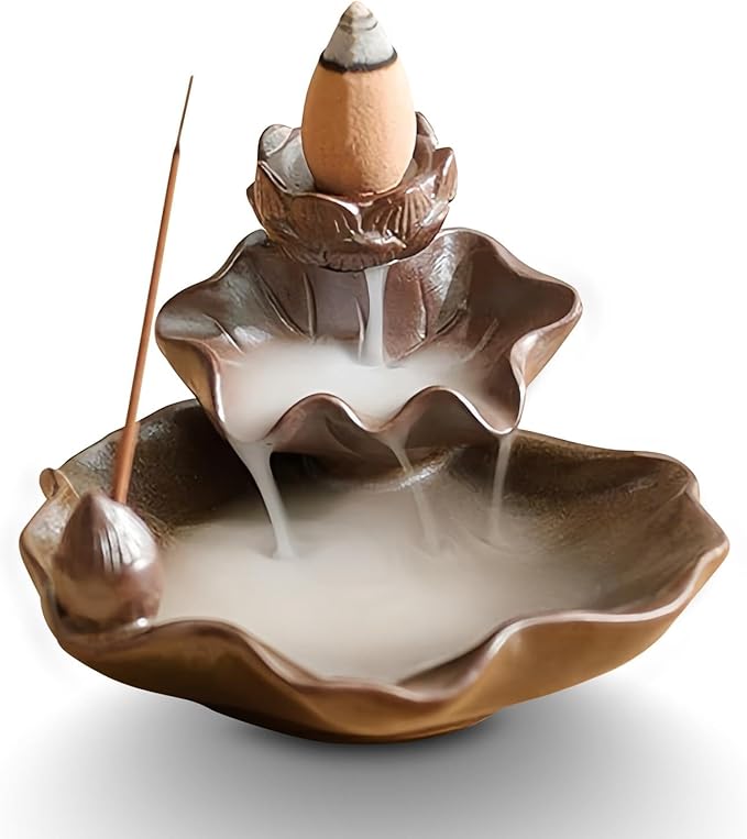 Waterfall Incense Burner, Lotus Backflow Incense Holder Ceramic Censer Cones Sticks Porcelain Holder for Home Décor, Meditation, Yoga, Spiritual Rituals (Brown)