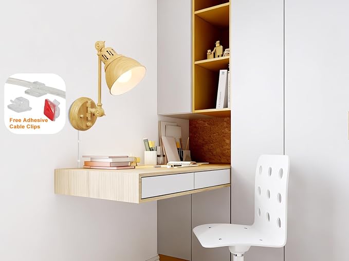 GOODATE 2 Pack Plug in Wall Sconces with Remote Control, Dimming, Adjustable Colors 2700K-6500K, Swing Arm Wall Lamps with Night Light & Timer, Plug-in or Hardwired, LED Bulbs Included, Oak Finish
