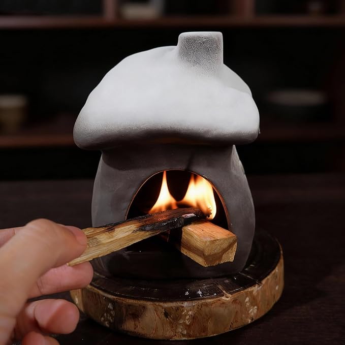 Mougigi Tall Snow-Roofed Ceramic Palo Santo Burner - Mini Chiminea Incense Holder with Stable Base, Ideal for Smudging Sage & Burning Incense Cones, Perfect for Meditation, Yoga, Altars, Home Decor