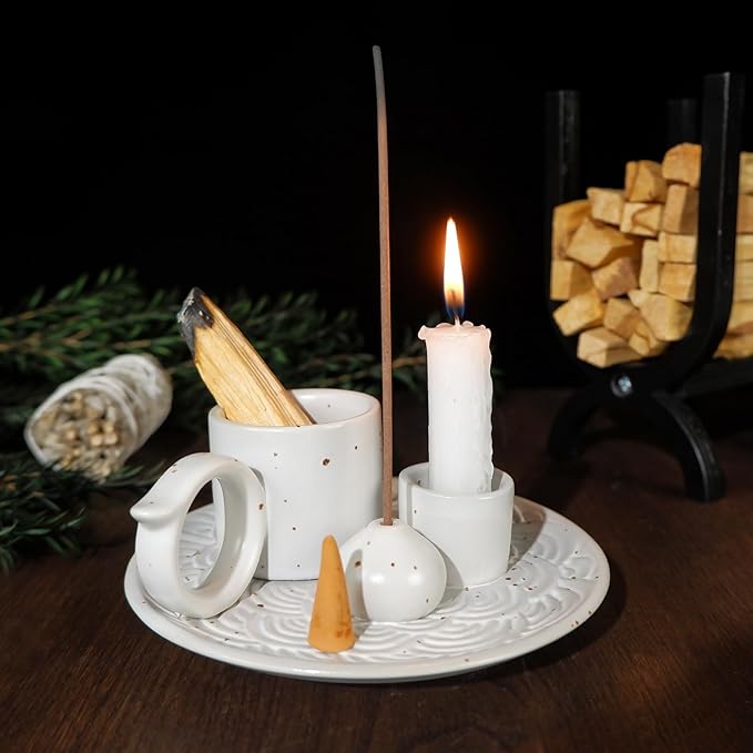 MOUGIGI 5-in-1 White Ceramic Palo Santo Burner & Holder - Small Candle and Smudge Tray for Incense Sticks & Cones, Sage, Zen Meditation Altar Accessory – Compatible with Matches for Aromatic Scents