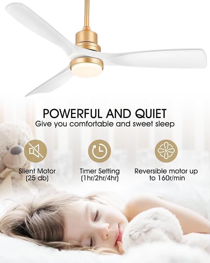 White and Gold Ceiling Fans with Lights and Remote, 52inch Modern Gold Ceiling Fan ETL Listed, 3 Downrods, 3 blade Gold Fan Reversible Quiet DC Motor, Timer,6-Speed for Outdoor Indoor,52in,White Gold