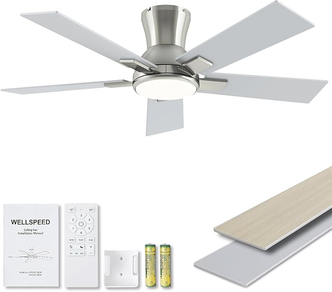 42 Inch Ceiling Fans with Lights and Remote, Brushed Nickel Flush Mount Low Profile Ceiling Fan for Bedroom, Patio, Reversible DC Motor, 6-Speed Quiet LED Dimmable, ETL Listed