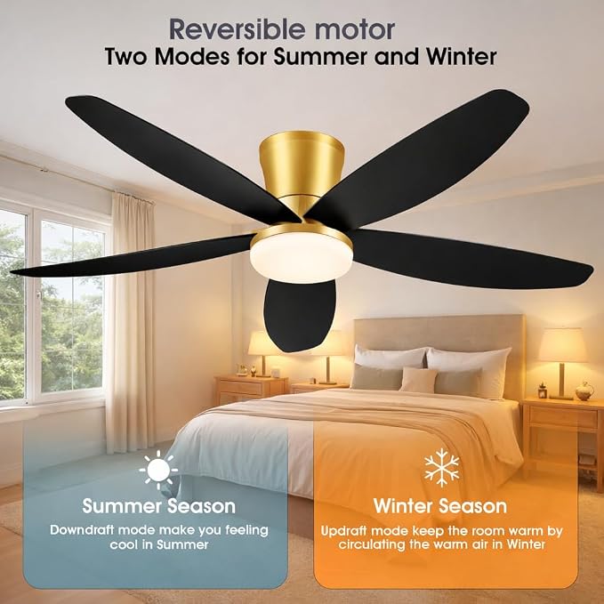 Surtime 42" Ceiling Fans with Lights-Low Profile Ceiling Fan with Light and Remote/APP Control,Flush Mount Gold Ceiling Fan with Reversible Black Blades