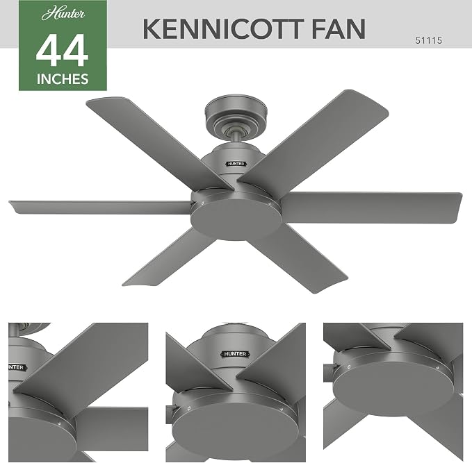 Hunter Kennicott, Outdoor or Indoor, Ceiling Fan, 44 inch, Matte Silver | SureSpeed high velocity airflow and no-light design suit covered patios, porches, offices, or small rooms with easy setup.