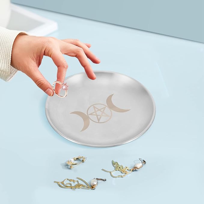 PRETYZOOM Altar Ritual Plate Dish Vintage Metal Offering Bowl Pentagram Moon Candle Holder Prayer Bowl Offering Plate Incense Burner Tray for Witchcraft Wiccan Tarot Supplies