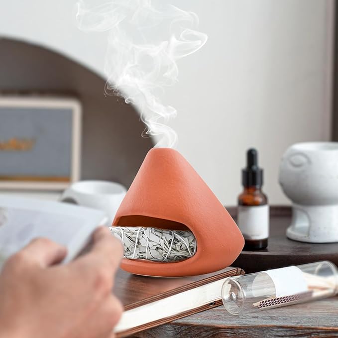 Palo Santo Holder Ceramic Incense Burner Holder Sage Holder for Burning, Ash Catcher Mini Chiminea Unique Home Decor for Meditation/Yoga (Red)