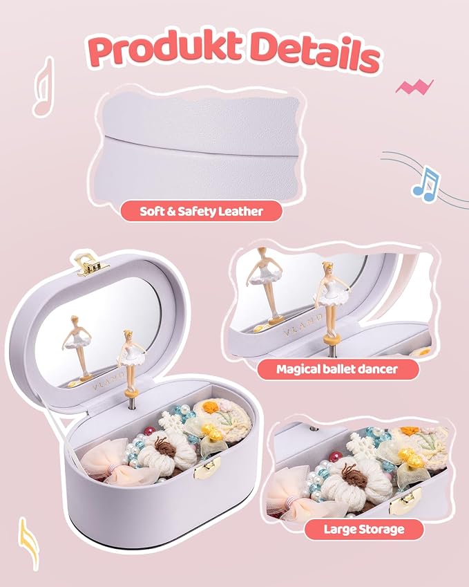 VLANDO Musical Jewelry Box for Girls - Kid Music Box with Ballerina for Birthday Bedroom Decor - Birthday Gift for Girls Ages 4 5 6 7 8-12 Year Old - Light Purple