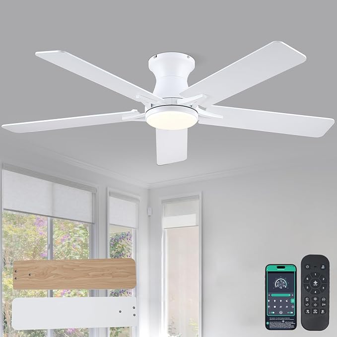 52"Modern White Low Profile Flush Mount Ceiling Fans with Light and Remote | Supports Remote and APP, 6 Wind Speeds, Reversible, Dimmable 3 Light Colors LED Light, Noiseless 30W DC Motor,2H Timer