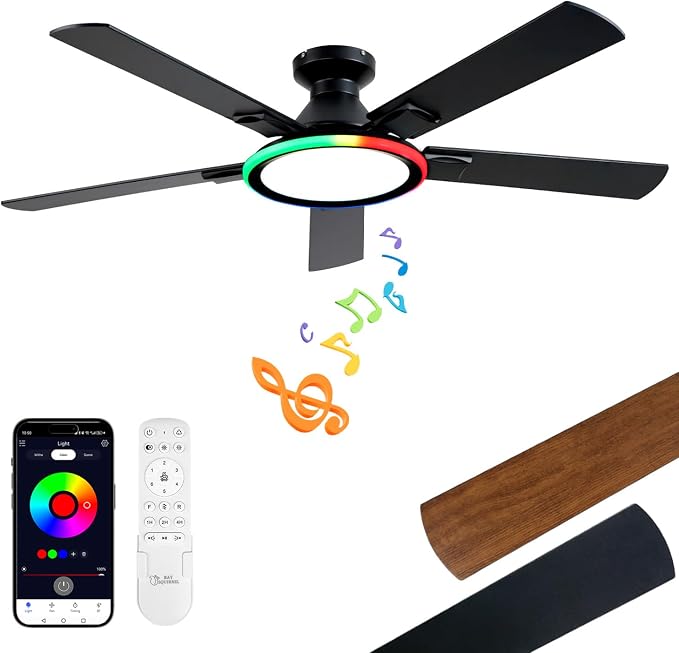 52" Ceiling Fans with Lights,Flush Mount Ceiling Fan with Light and Remote/App Control,Bluetooth Ceiling Fan with Speaker,6-Speed Reversible Motor,Full-Spectrum Adjustable Lighting,Edge Ambient Lights