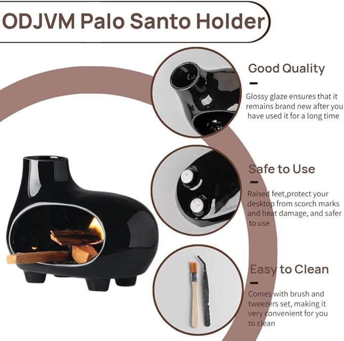 Ceramic Palo Santo Holder Burner with Chimney & Elevated Feet, Mess-Free Design, Ideal for Meditation & Yoga, Holds Palo Santo Sticks, Sage & Cones – Palo Santo Holder Set with Brush & Tweezer (Black)