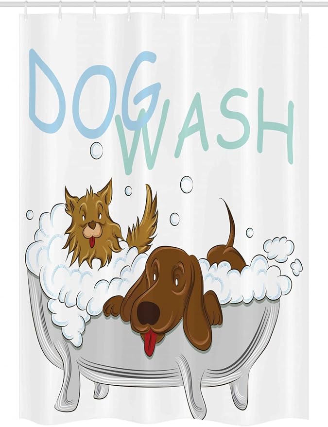 Ambesonne Cartoon Stall Shower Curtain, Playful Dogs in a Bathtub Grooming Each Other Pets Theme Illustration, Fabric Bathroom Decor Set with Hooks, 54" W x 78" L, Brown White