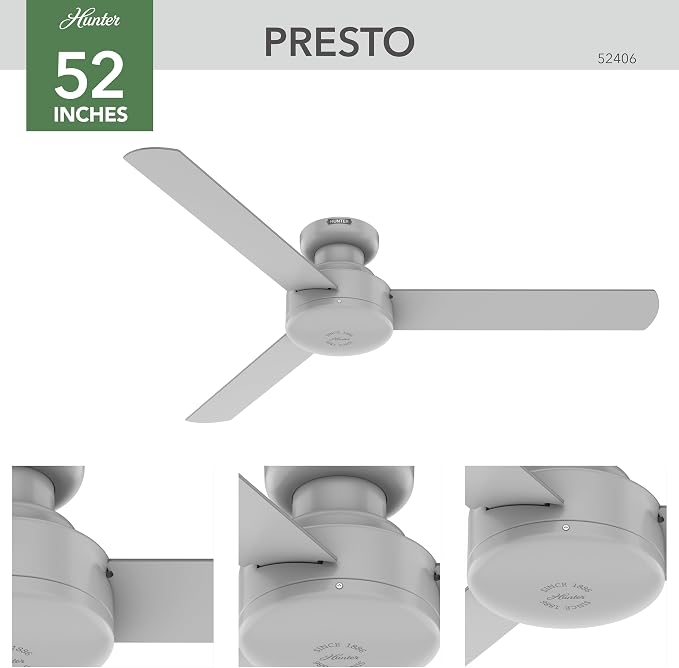 Hunter - Presto Indoor Low Profile Ceiling Fan, Wall Control, 52-inch, Dove Grey, Casual-style, Bedroom Ceiling Fans, 52406, for living rooms, home offices, kitchens | For Bedroom, Living Room, Kitchen, Home Office, 52406