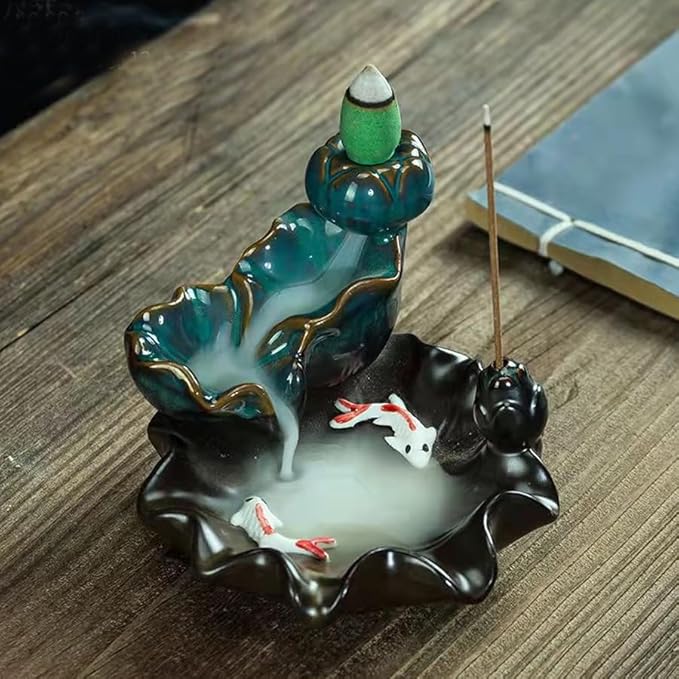 ARFUKA Ceramic Backflow Incense Burner Lotus & Koi Waterfall Design with Hypnotic Smoke Effect, Zen Meditation Decor for Home Office Yoga Room (Asian Inspired Aromatherapy Art)