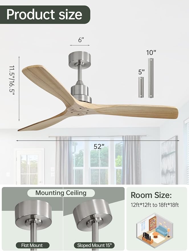 Sofucor 52 Inch Smart Ceiling Fans without Light-Modern Solid Wood Outdoor Ceiling Fan No Light APP Remotel Control for Bedroom Living Room Indoor Farmhouse Patio,DC Motor,Brushed Nickel&Natural Wood