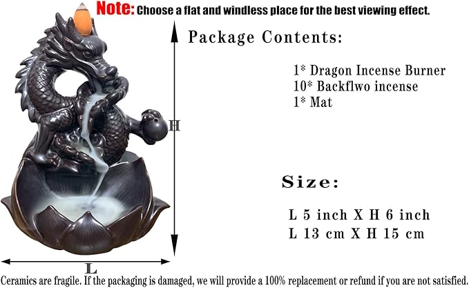 Dragon Backflow Incense Burner Waterfall Incense Holder Aromatherapy Ornament Handmade Ceramics Gift Home Decor, with 10 Backflow Incense Cones for Waterfall Burner