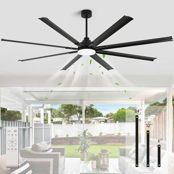 84 Inch Industrial Ceiling Fans with Light，Large Ceiling Fan with 8 Reversible Aluminum Blades, 3CCT, 6-Speed Remote Control, Home or Commercial Ceiling Fan for Porch/Garage/Shop