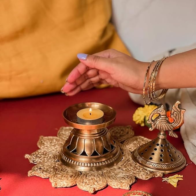 RITUALISTIC Konark Brass Loban Lamp Dhoop Holder Incense Burner Dhoop Dani Pooja Items Dhoop Batti Stand Sambrani Holder Pooja Room Decor 15.1x9 Konark Loban Lamp Perfect Valentine's Day Gifts Items