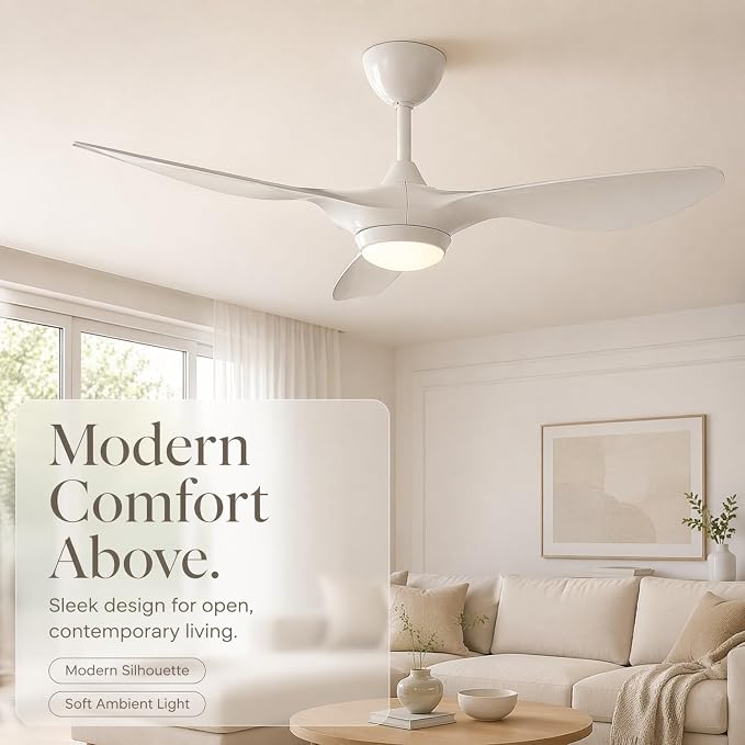 reiga 52 Inch Smart White Ceiling Fan with Light and Remote, ETL Listed Quiet DC Motor 3 Blade Indoor Outdoor Ceiling Fans for Bedroom Living Room Patios