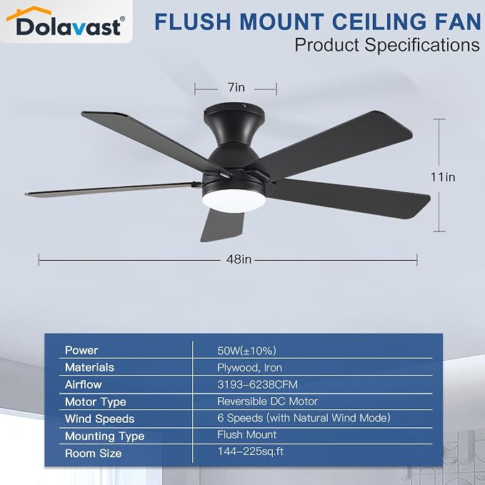 Ceiling Fans with Lights and Remote, 48 Inch Ceiling Fan with Light, Low Profile, Reversible, Dimmable LED, Flush Mount, Quiet, DC Motor, Black Ceiling Fan for Bedroom, Kitchen, Dining Room