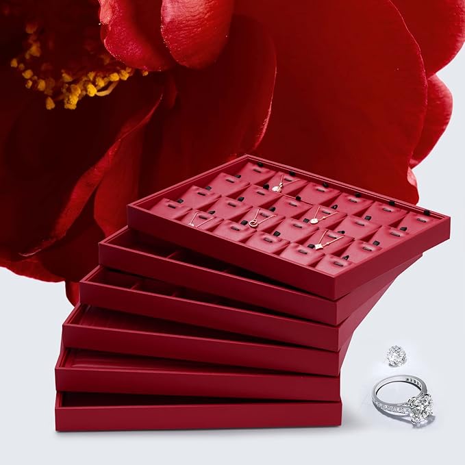 Oirlv Gorgeous Red Leather 24 Grid Jewelry Tray with Removable Inserts Jewelry Cards Stackable Necklace Trays Necklace Drawer Organizer | Red Leather Exterior, Soft Microfiber Interior, 24 Pendant Slots, Removable Inserts, Bold Display for Pendants