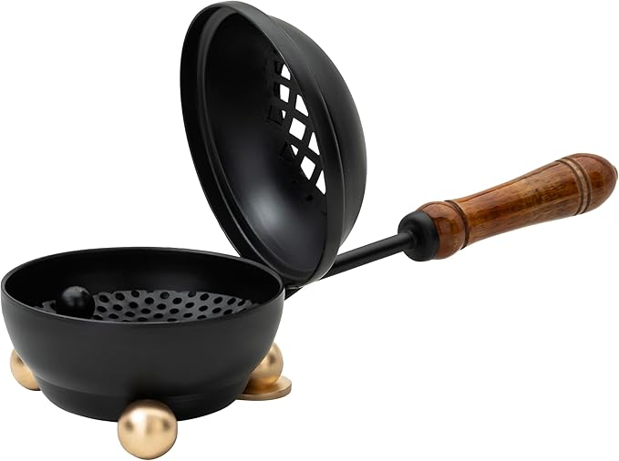 Premium Handmade Black Iron Incense Burner with Wooden Handle and Lid – Removable Screen, 3.15 Inch Diameter, 8.66 Inch Length