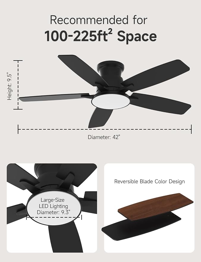 Flush Mount Ceiling Fan with Light, 42 Inch, Remote Control, 3CCT Dimmable LED, 6-Speed Silent Reversible DC Motor, Low Profile Hugger Ceiling Fan for Indoor/Outdoor 90-264V 50/60Hz Matte Black