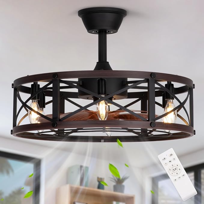 SHLUCE 22" Farmhouse Caged Ceiling Fan with Light, Rustic Fandelier Ceiling Fans with Lights and Remote, Modern Large Caged Bladeless Ceiling Fans with Lights for Kitchen, Bedroom, Brown - ETL