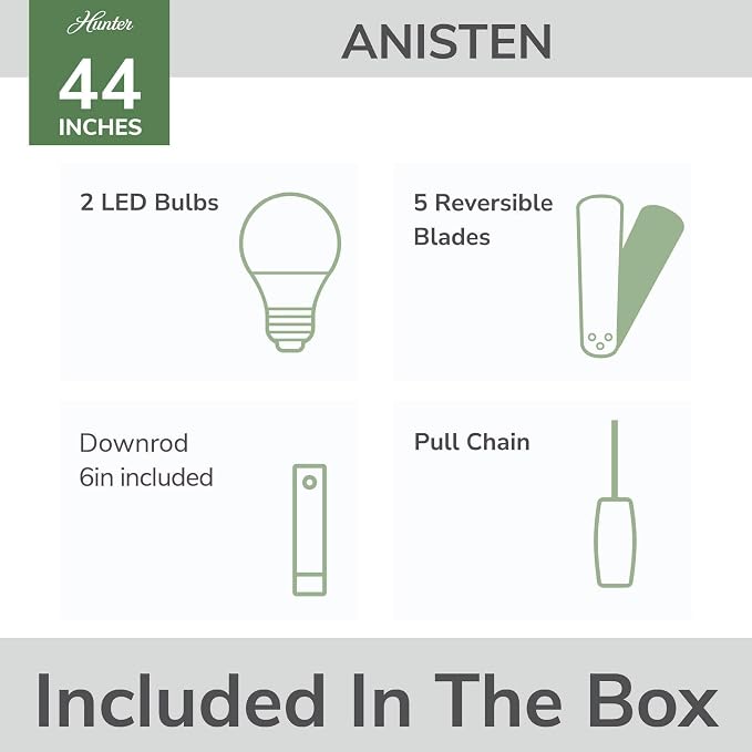 Hunter 44" Anisten Indoor Ceiling Fan, Light, Pull Chain, Brushed Nickel | WhisperWind whisper-quiet motor, DuraLight lens, and 3" downrod support bedrooms, offices, and small rooms year-round.