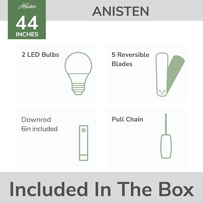 Hunter 44" Anisten Indoor Ceiling Fan, LED Light, Pull Chain, Noble Bronze | WhisperWind whisper-quiet motor, DuraLight lens, and 3" downrod support bedrooms, offices, and small rooms year-round.