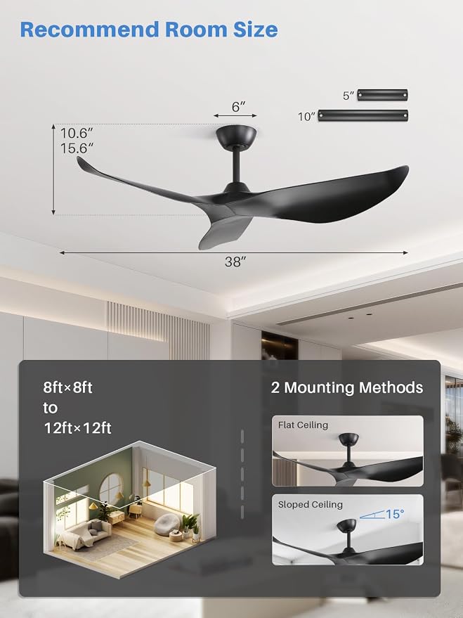 Sofucor 38 Inch Smart Ceiling Fan No Light, Modern Black Ceiling Fan with Remote Control, Quiet Reversible DC Motor, 6-Speed Noiseless Indoor Ceiling Fan for Bedroom Living Room Covered Patio Porch