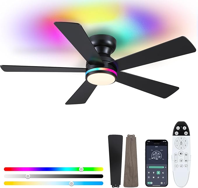 Black RGB Ceiling Fans with Lights - 46" Flush Mount Ceiling Fan with Remote APP, RGB+3CCT Dimmable Led Light, Reversible 6 Wind Speeds&2H Timer, Low Profile Modern Fan Light Fixture for Bedroom Party