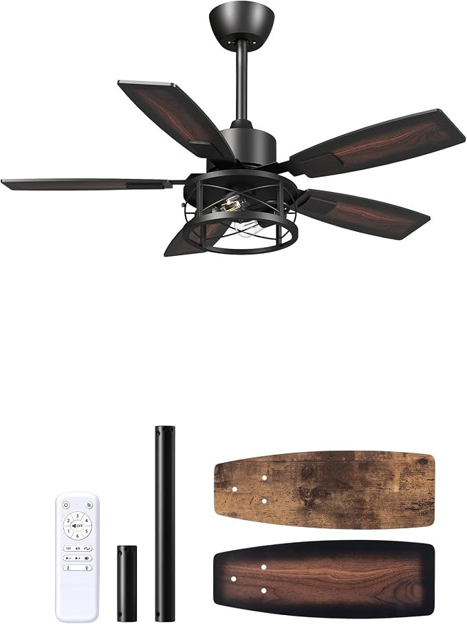 EDISHINE 42" Farmhouse Ceiling Fans with Lights and Remote, 10%-100% Dimmable, Reversible DC Motor, 6 Speed, 5 Wooden Blades, Timer, Rustic Caged Fandelier Ceiling Fan for Living Room, Bedroom