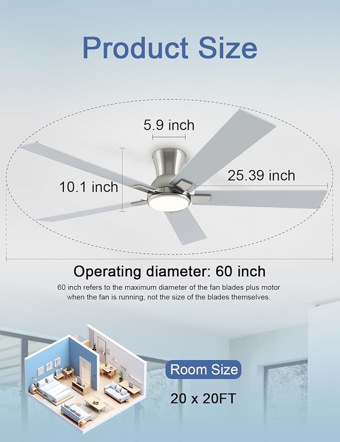 60 Inch Brushed Nickel Flush Mount Ceiling Fans with Lights, 3CCT Dimmable LED, 6-Speed Remote Control, Reversible Motor,Quiet Low Profile Energy-Efficient for Bedroom & Living Room,ETL Listed