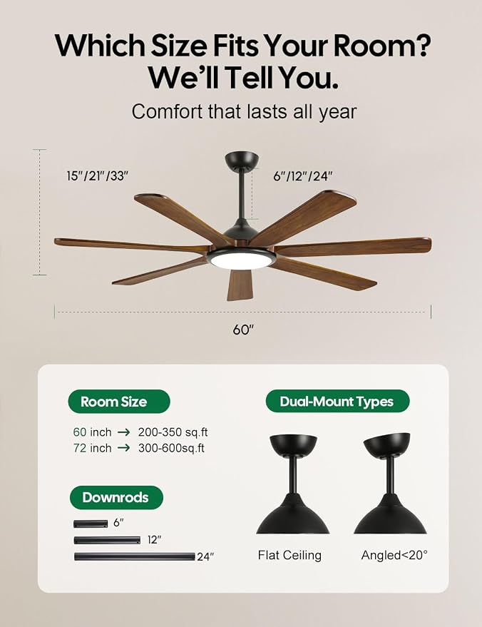 60 inch Smart Wood Ceiling Fan with Light, Remote/Alexa/App Control, Farmhouse Rustic Style, 7 Solid Walnut Blades, Indoor Outdoor High CFM Quiet DC Motor, Damp Rated for Covered Patio, Living Room