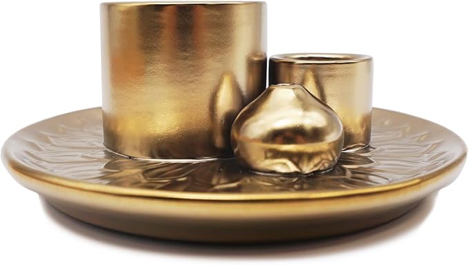 4 in 1 Incense Burner Holder with Ash Catcher, Gold-Plated Ceramic Tray for Burning Incense Sticks, White Sage, Palo Santo, Candle