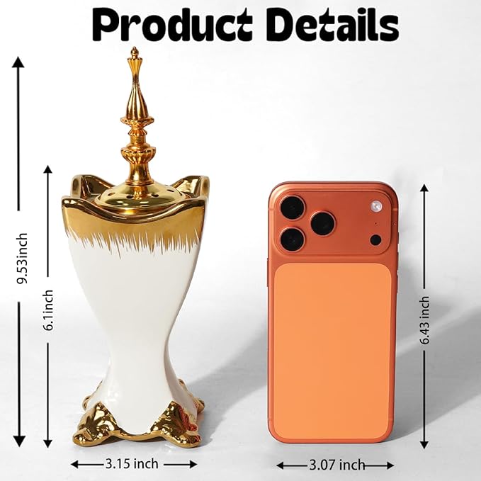 Ceramic Bakhoor Incense Burner - Tranditional Golden Bakhoor Burner - for Yoga, Spa, Aromatherapy, Office & Home Decor