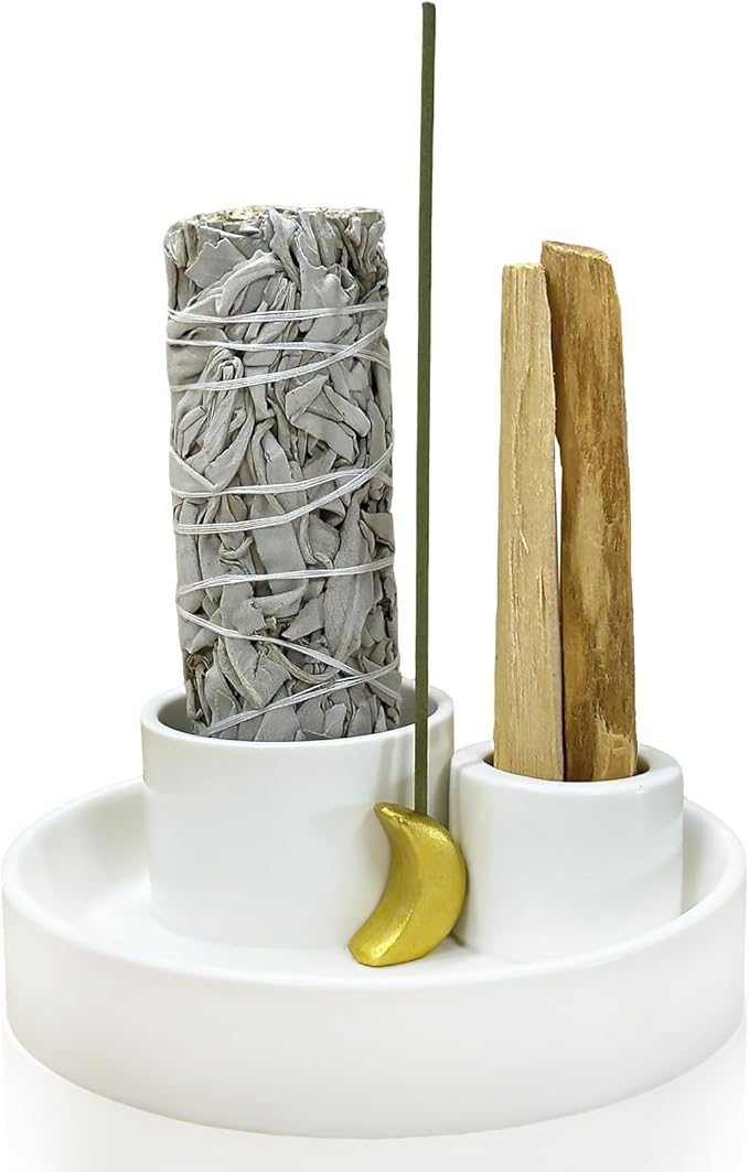 4 in 1 Incense Burner Holder, Palo Santo Holder, Sage Holder for Burning, Ceramic Incense Sticks Holder for Meditation Yoga Room Home Decor (White)