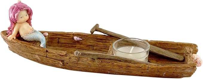 Top Collection Adorable Little Mermaid on Boat Incense & T-Light Candle Holder, 10.5"