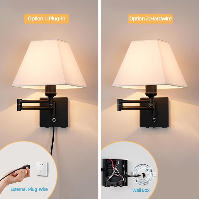 Swinging arm wall lamp, Fabric lampshade, with Plug and dimming Rotary Switch, USB and Type-C Charging Port, Suitable for Bedside, Living Room, Hotel and Bedroom wall Lamps