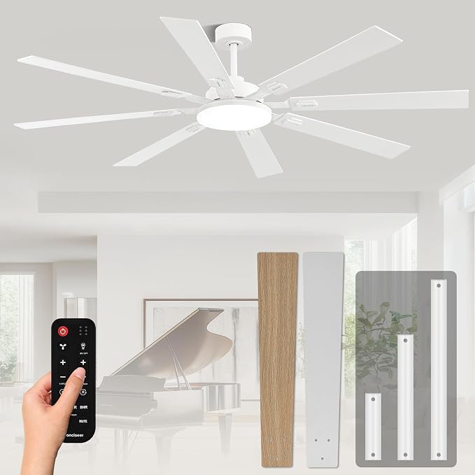 72 Inch Ceiling Fans with Lights and Remote, Dual Color 8 Blades, Bedroom Living Room Office Library Cafe Outdoor Industrial, 3CCT Dimmable, 6 Speed Reversible Quiet DC Motor, White/Wood Grain