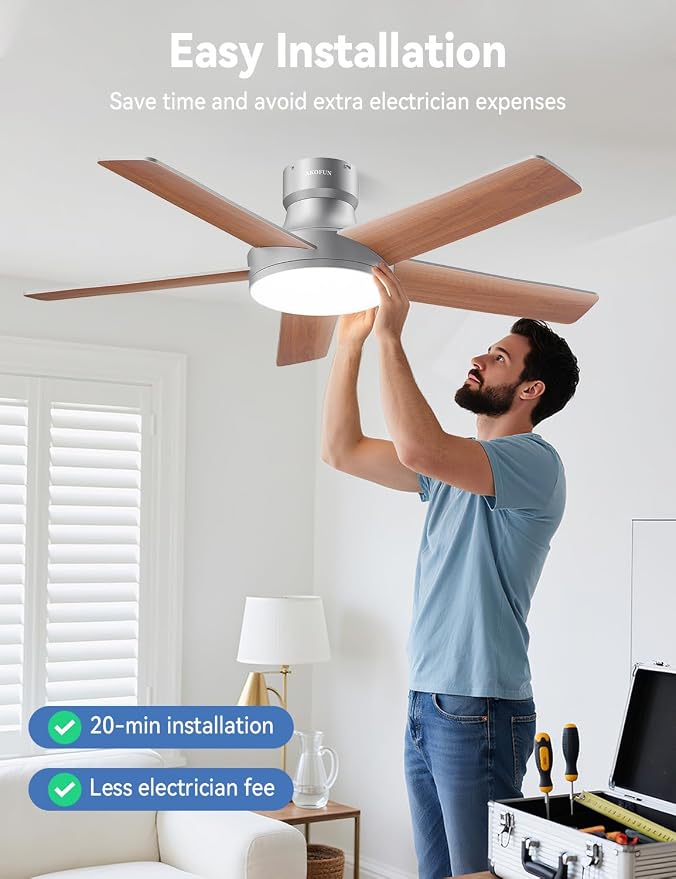 AKOFUN Ceiling Fans with Lights and Remote, Low Profile Ceiling Fan with Light, 6 Speed, Dimmable, DC Motor, Quiet, Timer, Modern LED Ceiling Fan for Bedroom Living Room 44 inch, Silver