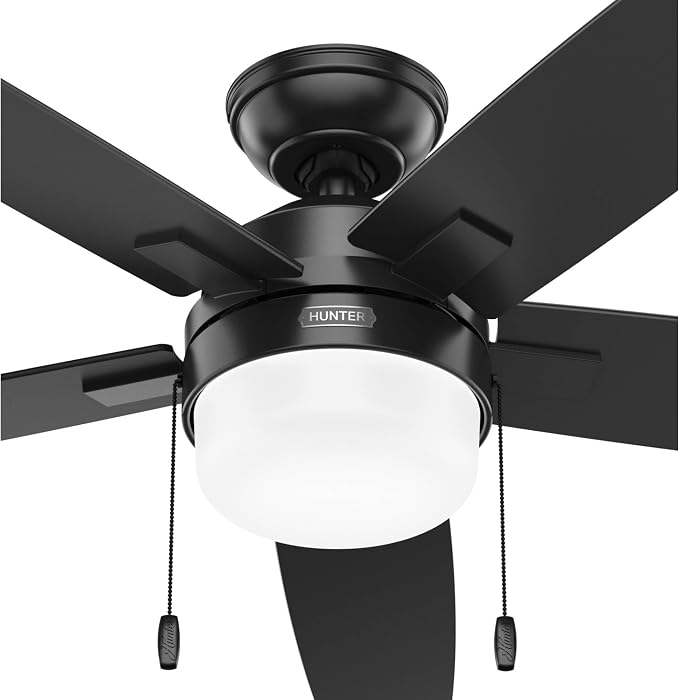 Hunter Anisten, Indoor, Ceiling Fan, with LED Light, 52 inch, Matte Black | Standard Mount, Pull Chain, 5 Blades, For Bedroom, Living Room, Includes Bulbs, 52485
