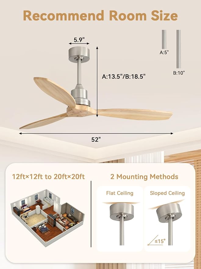 Sofucor 52 Inch Wood Ceiling Fans no Light, Works with App/Alexa/Google, Dimmable 6-Speed Outdoor Ceiling Fan with Remote for Indoor Bedroom Living Room Outdoor Patio Porch